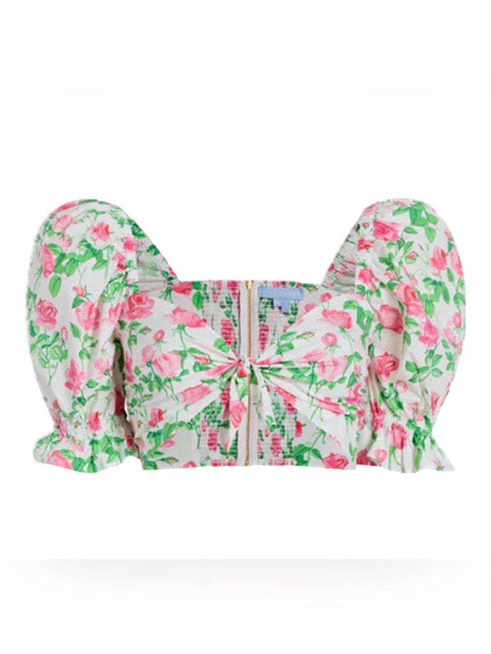 Hill House Floral Tie-Front Puff Sleeve Crop Top - Pink & Green